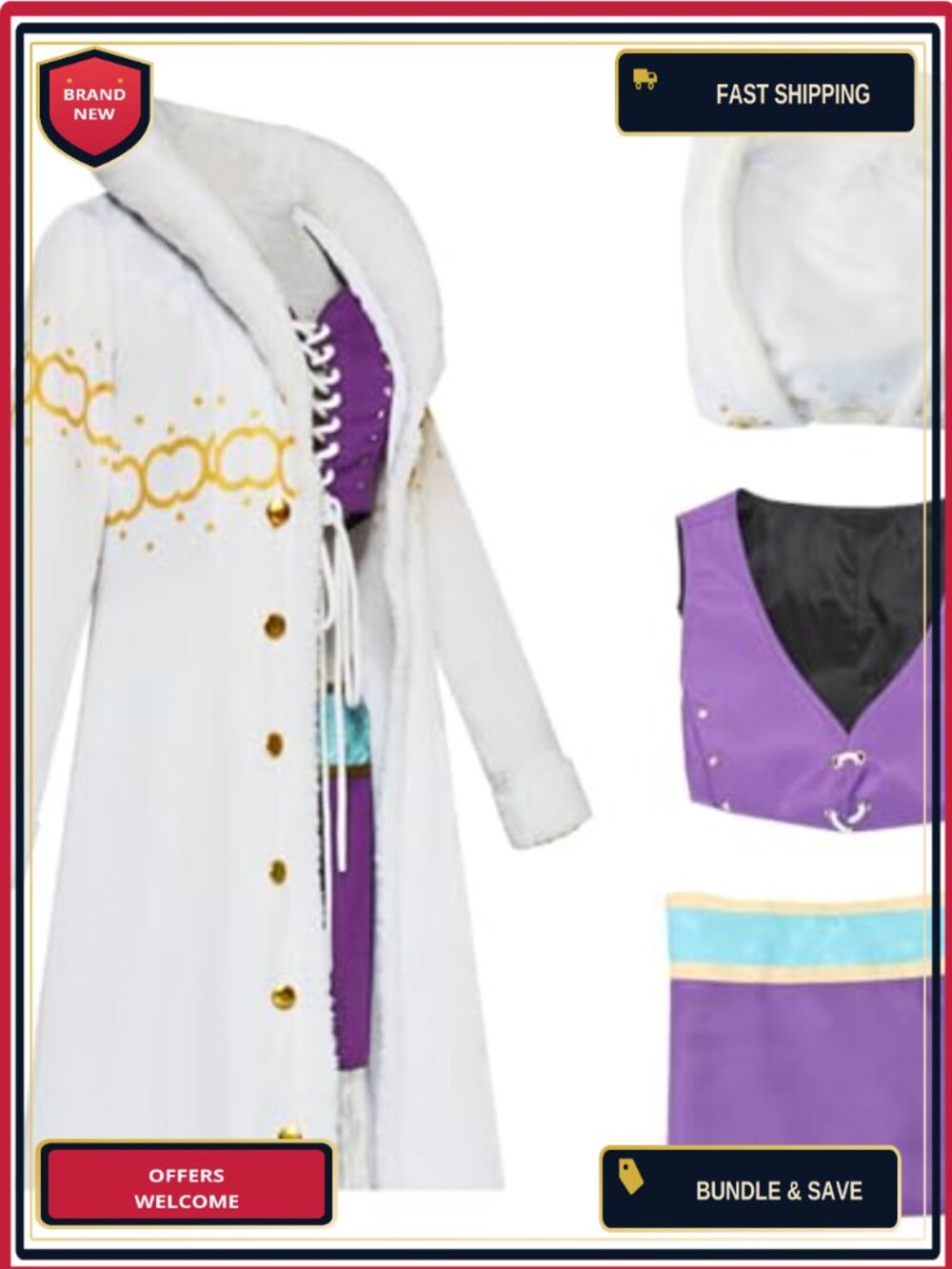 Roncome Anime Cosplay Costume Set Purple Cop Top Skirt Long White Coat Robe